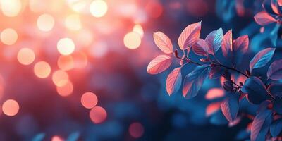 Vibrant bokeh background with illuminated leaves at twilight in a serene natural setting photo