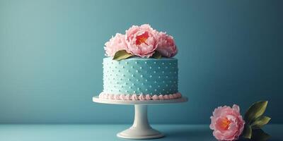 Decorative blue cake adorned with pink flowers on a stand in a bright setting for a celebration photo