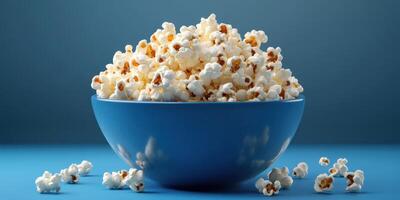 Bowl filled with freshly popped popcorn ready for movie night at home photo