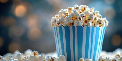 Popcorn in a blue striped container showcases fluffy kernels against a blurred background filled with soft lights photo