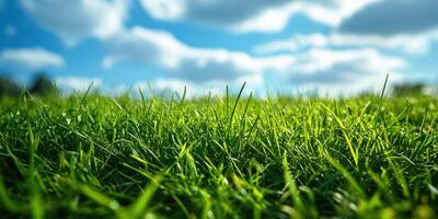 Vibrant green grass under a clear blue sky with fluffy clouds showcasing the beauty of nature in an open field during daylight photo