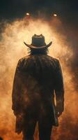 Mysterious figure in cowboy hat surrounded by smoke at a nighttime event in an urban location photo