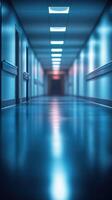 Long corridor illuminated by dim lights at night with a mysterious atmosphere in an empty building photo