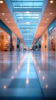 Modern shopping mall hallway with bright lights and skylights during daytime photo