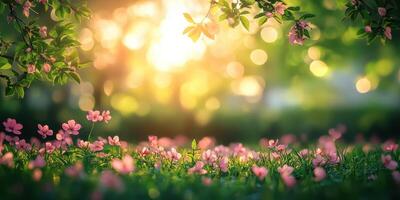 Bright sunlight filters through leaves illuminating a field of pink flowers in a serene garden during springtime photo