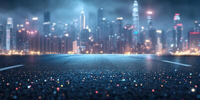 Night city skyline illuminated by bright lights and reflections on a wet road during a foggy evening photo