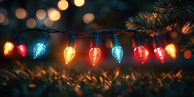 Colorful string lights adorn greenery for a festive atmosphere during the evening hours of winter celebrations photo