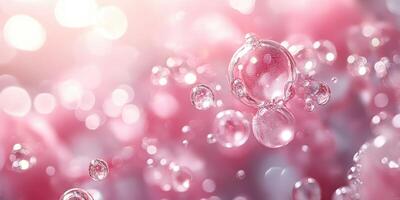 Bubbles floating in sparkling pink background during a dreamy atmosphere of celebration and joy photo