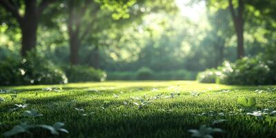Lush green grass illuminated by soft sunlight filtering through trees in a tranquil park setting photo
