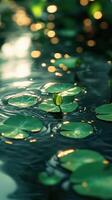 Floating water lilies shimmer under soft sunlight in a tranquil pond during the afternoon hours photo