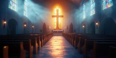 Elegant church interior with stunning stained glass and illuminated altar during serene morning light photo