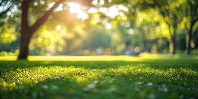 Serene summer afternoon in a green park with sunlight filtering through the trees and a lush grass carpet photo