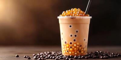 Cold beverage with tapioca pearls and coffee beans captured in soft lighting at a cafe setting photo