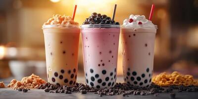 Delicious bubble teas with vibrant toppings served in a cozy cafe setting during a lively afternoon photo