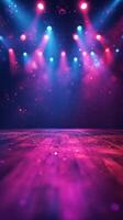 Colorful stage lights illuminate an empty performance area in a dynamic display of hues and artistic ambiance photo