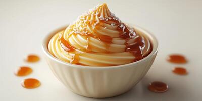 Delicious frozen dessert topped with sweet caramel sauce and sprinkled with fine coconut flakes photo