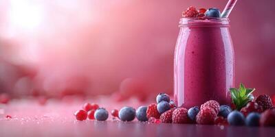 Vibrant berry smoothie served in a jar with fresh fruits on a pink background photo