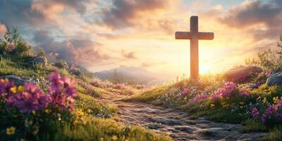 Sunset over a peaceful meadow with a stone cross surrounded by colorful flowers and hills in the background photo