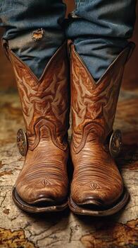 Classic cowboy boots on display against a rustic background with detailed stitching and decorative accents photo