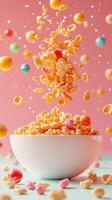 Vibrant cereal and candy explosion in a white bowl against a pink backdrop photo