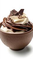 Delicious chocolate dessert topped with cream and chocolate shavings in a brown bowl photo
