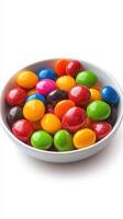 Colorful candy assortment in a white bowl showcasing vibrant hues perfect for celebrations and gatherings photo
