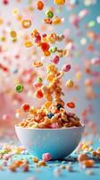 Colorful cereal pieces flying from a blue bowl against a vibrant background at breakfast time photo