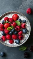 Delicious bowl of chia pudding topped with fresh berries in a well-lit kitchen setting photo