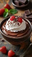 Delicious chocolate mousse served with whipped cream and fresh raspberries in a rustic bowl photo
