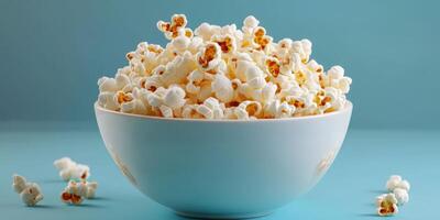Freshly popped popcorn in a white bowl on a blue background ready for snacking during movie night photo