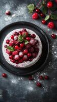 Fresh berry cake topped with cherries and mint on a dark textured surface in a cozy kitchen setting photo