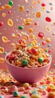Colorful cereal splashes in the air above a bowl during a bright morning setting photo