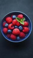 Fresh mix of raspberries and blueberries in a bowl garnished with mint leaves photo