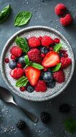 Fresh fruit bowl with berries and mint leaves on a textured surface photo