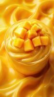 Creamy mango dessert topped with fresh mango cubes on a vibrant yellow background photo