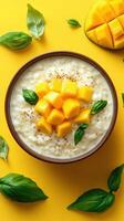 Delicious mango basil rice pudding served on a vibrant yellow background garnished with fresh herbs photo