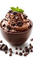 Indulge in creamy chocolate mousse topped with mint and chocolate chips at a dessert showcase photo