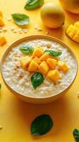 Delicious mango and basil dessert served in a bowl on a vibrant yellow surface featuring fresh ingredients photo