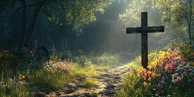 Serenity in nature with a wooden cross surrounded by vibrant flowers at dawn photo