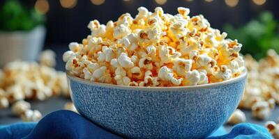 Freshly popped popcorn in a blue bowl ready for a movie night at home photo