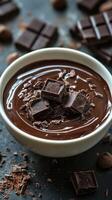 Rich dark chocolate melting in a bowl surrounded by chocolate pieces on a dark backdrop photo