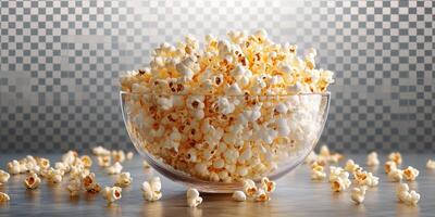 Freshly popped popcorn in a clear bowl with scattered kernels on a textured surface photo