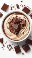 Indulgent dessert bowl filled with rich chocolate and creamy toppings on a white background photo