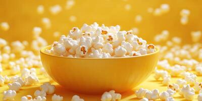 Freshly popped popcorn in a bright yellow bowl against a vibrant yellow background creates a cheerful snack setting at a movie night photo