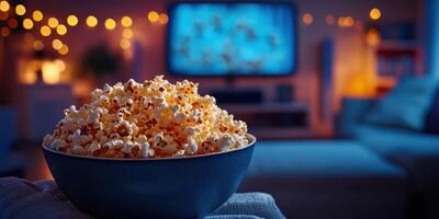 Cozy movie night with popcorn in a warmly lit living room photo