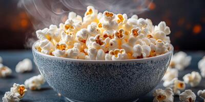 Freshly popped popcorn fills a textured bowl, creating a cozy atmosphere perfect for movie night or snack time photo