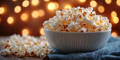 Bowl filled with freshly popped popcorn against a blurred warm light background creating a cozy atmosphere for movie night photo