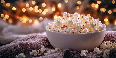 Delicious bowl of popcorn on soft blanket with warm lights in the background during cozy evening photo