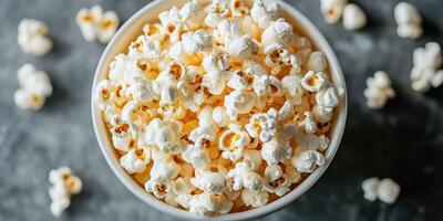 Freshly popped popcorn in a large bowl on a textured surface, perfect for movie nights and gatherings photo