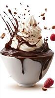 Delicious chocolate dessert topped with whipped cream and raspberry photo
